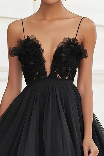 Black A Line Tiered Tulle Graduation Dress